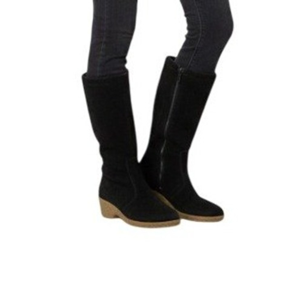 Shearling Boots Womens Size 8.5 Black Suede Wedge Mid Calf Zip Winter Faux Fur